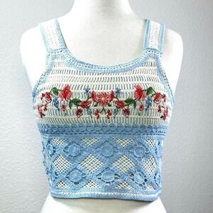 Crochet Floral Embroidered Crochet Crop Ruched Boho Cottagecore Fairycore Tank L